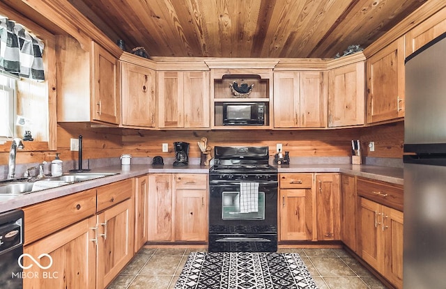 kitchen with a sink, black appliances, wood ceiling, and light tile patterned floors