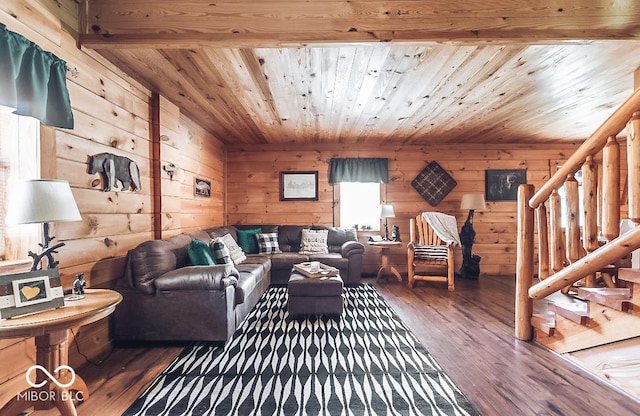 living area featuring wooden ceiling, stairway, wood finished floors, and wood walls