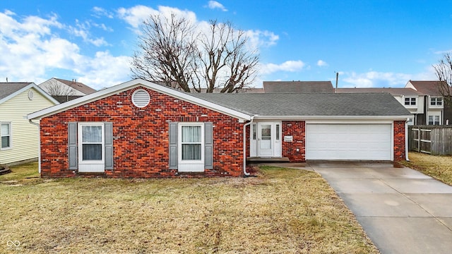 ranch-style home featuring a garage, concrete driveway, brick siding, and a front lawn