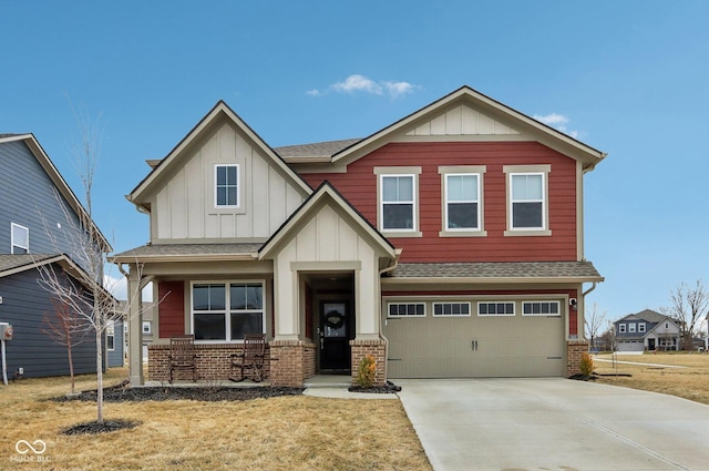 craftsman inspired home featuring brick siding, roof with shingles, concrete driveway, an attached garage, and board and batten siding