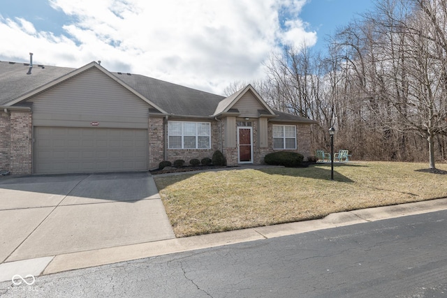 ranch-style house with a garage, driveway, brick siding, and a front yard