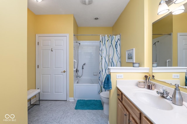 full bathroom with toilet, visible vents, shower / bath combination with curtain, and vanity