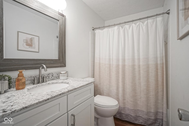 bathroom featuring toilet, vanity, and a textured ceiling