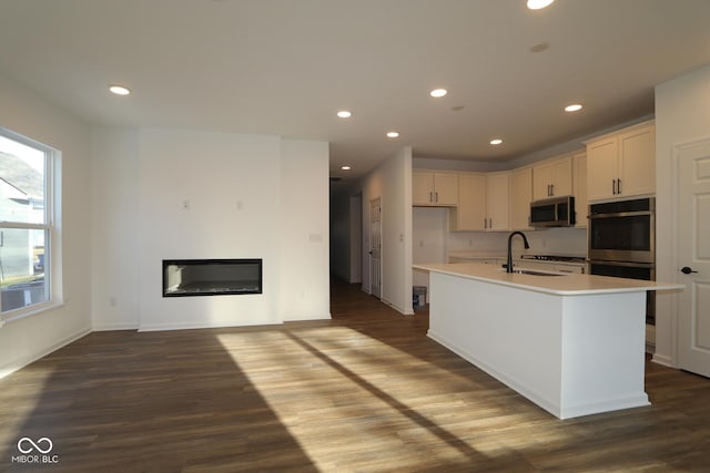 kitchen featuring appliances with stainless steel finishes, a glass covered fireplace, a sink, and wood finished floors