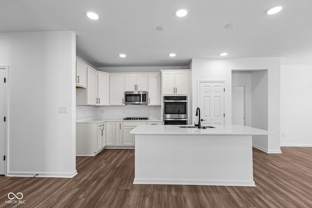 kitchen featuring dark wood-style floors, recessed lighting, a sink, and stainless steel appliances