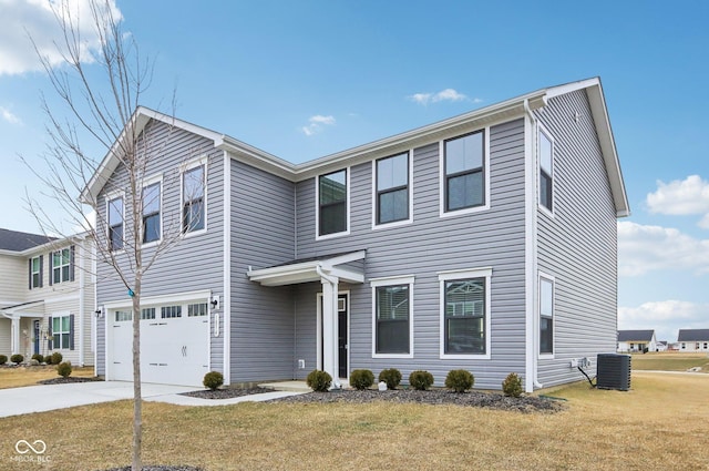 view of front of property featuring a garage, cooling unit, driveway, and a front yard