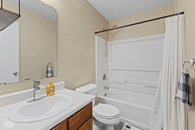 full bathroom featuring toilet, shower / bathtub combination with curtain, a textured ceiling, and vanity