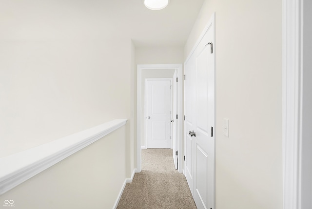 hallway featuring carpet floors and baseboards