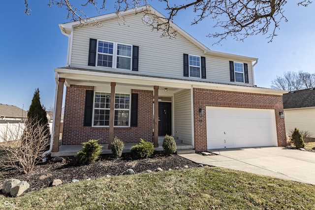 traditional-style home with driveway, covered porch, and brick siding