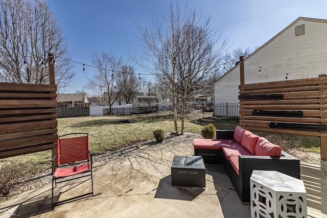 view of patio with a fenced backyard and an outdoor hangout area