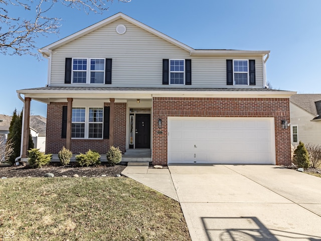 traditional home with concrete driveway, brick siding, an attached garage, and covered porch