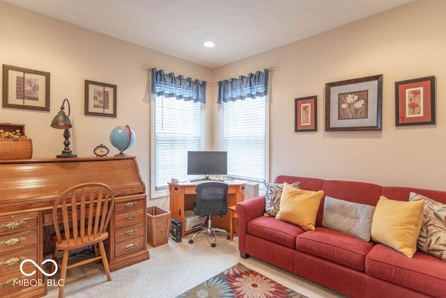 home office featuring recessed lighting and carpet flooring