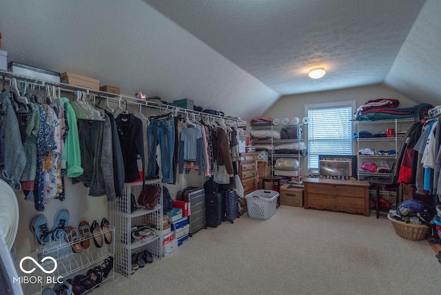 spacious closet with carpet floors and lofted ceiling