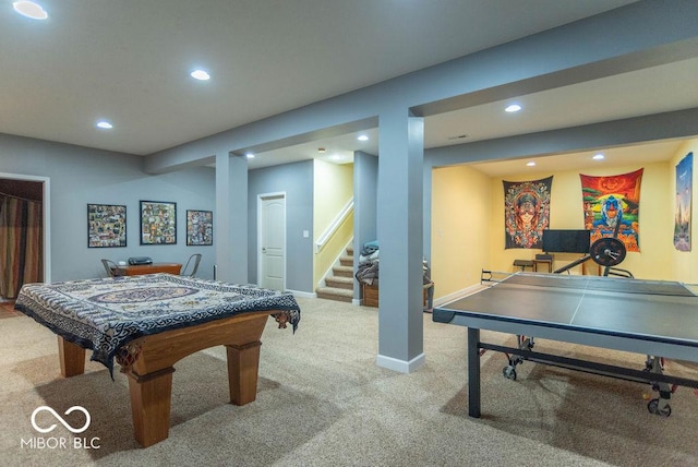 rec room featuring baseboards, carpet, and recessed lighting