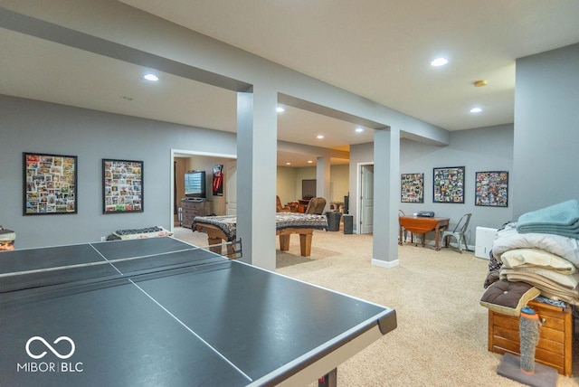 game room with recessed lighting, carpet flooring, and baseboards