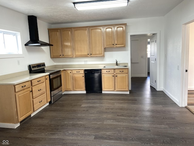 kitchen with dark wood-style floors, a sink, stainless steel range with electric cooktop, dishwasher, and wall chimney exhaust hood