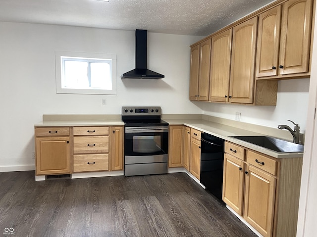 kitchen featuring black dishwasher, dark wood-style floors, stainless steel range with electric cooktop, wall chimney range hood, and a sink