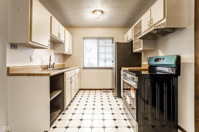 kitchen featuring light floors, open shelves, stainless steel range with electric cooktop, a sink, and under cabinet range hood