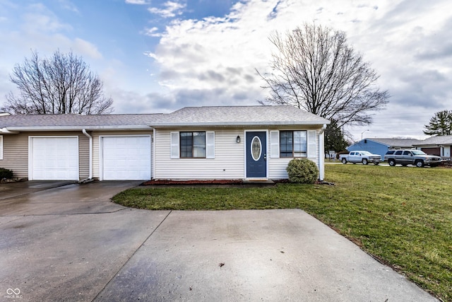 ranch-style house featuring a garage, a front lawn, concrete driveway, and roof with shingles