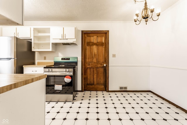 kitchen featuring light floors, open shelves, appliances with stainless steel finishes, white cabinets, and under cabinet range hood