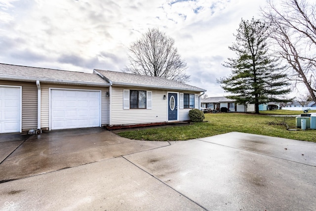 single story home featuring a front yard, concrete driveway, roof with shingles, and an attached garage