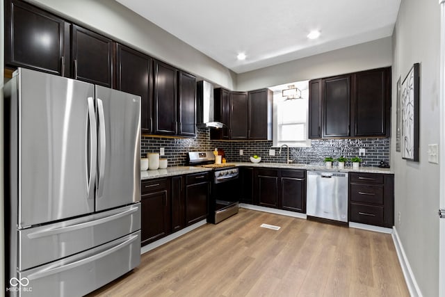 kitchen featuring a sink, appliances with stainless steel finishes, backsplash, wall chimney exhaust hood, and light wood finished floors