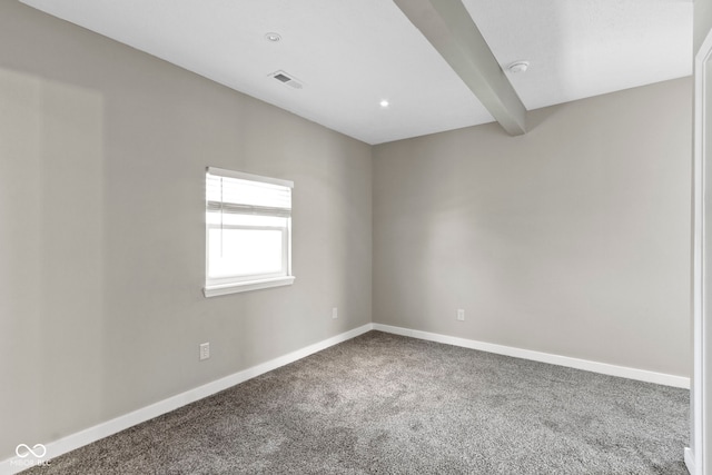 carpeted spare room featuring beam ceiling, recessed lighting, visible vents, and baseboards