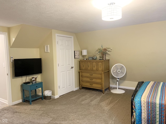 bedroom featuring vaulted ceiling, a textured ceiling, baseboards, and carpet floors