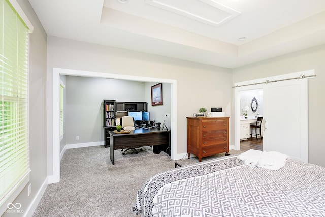 carpeted bedroom with baseboards and a raised ceiling