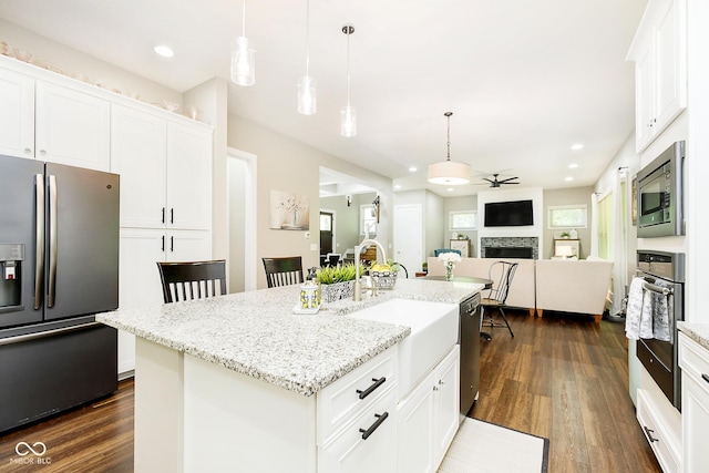 kitchen with a fireplace, dark wood-style flooring, a sink, stainless steel appliances, and open floor plan