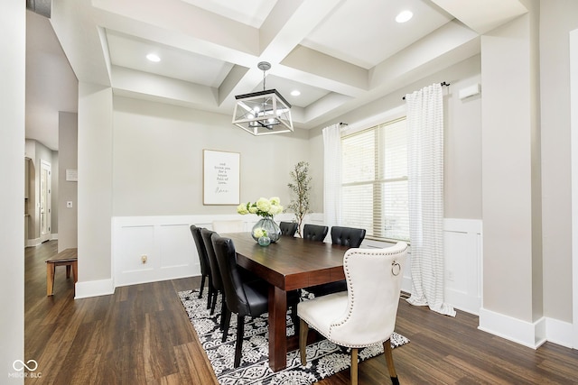 dining room featuring a chandelier, beamed ceiling, dark wood finished floors, and coffered ceiling