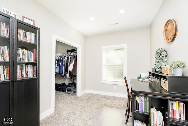 office area with visible vents, recessed lighting, baseboards, and carpet floors