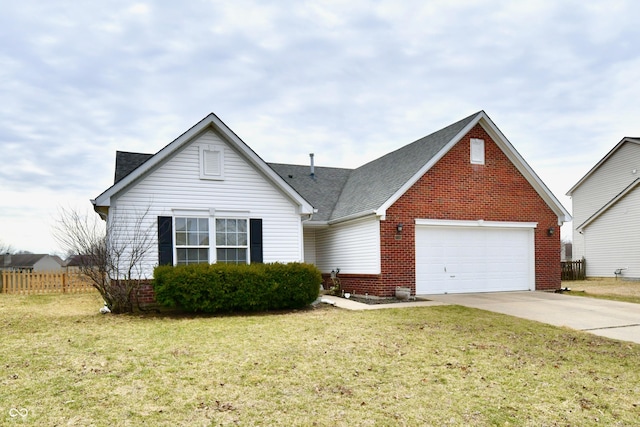 view of front facade with driveway, a garage, fence, a front lawn, and brick siding