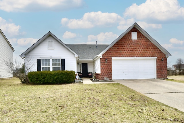 view of front of property with a garage, brick siding, driveway, roof with shingles, and a front lawn