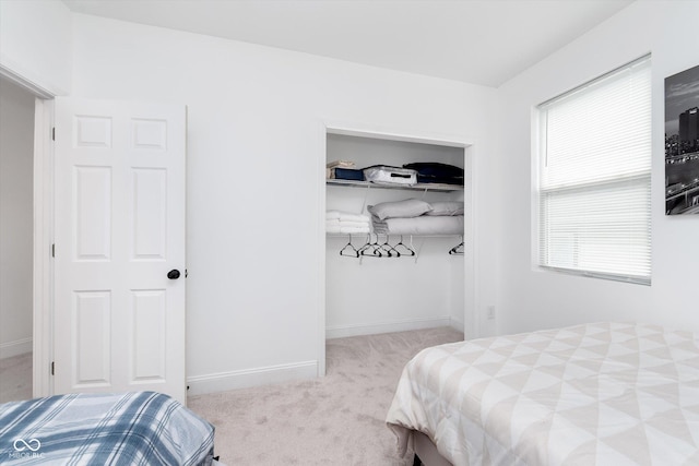 bedroom featuring a closet, carpet, a walk in closet, and baseboards