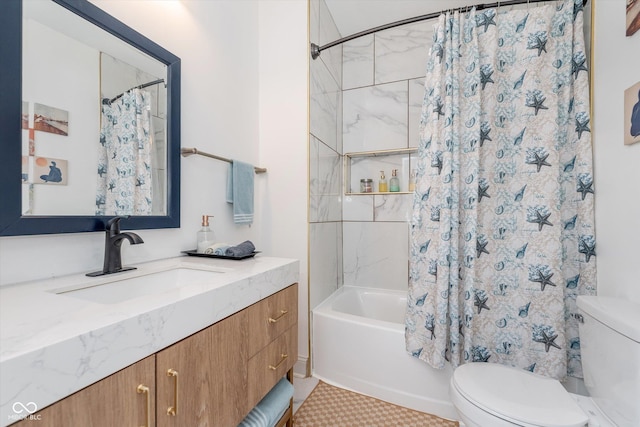 full bathroom with vanity, toilet, and shower / bathtub combination with curtain