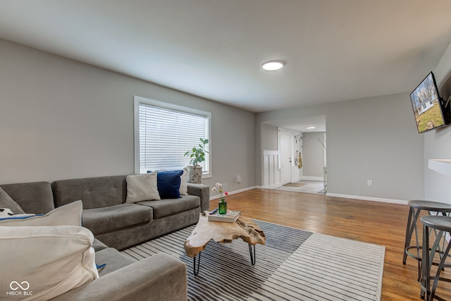 living area featuring baseboards and wood finished floors