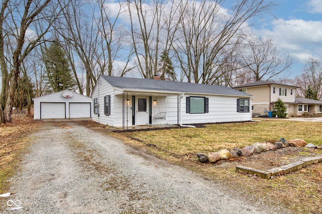 ranch-style house with a porch, a detached garage, an outdoor structure, a chimney, and a front yard