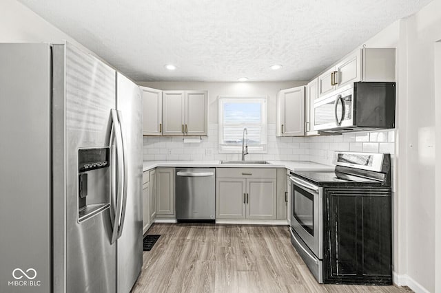 kitchen featuring decorative backsplash, appliances with stainless steel finishes, light wood-style floors, and a sink