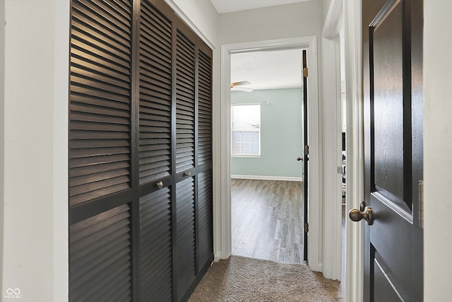 hall with carpet floors, baseboards, and wood finished floors