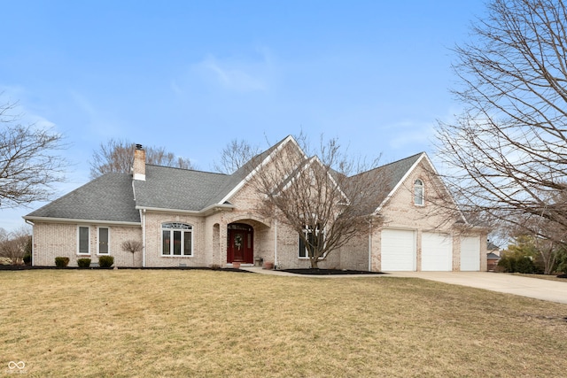 view of front of house with a garage, brick siding, driveway, a chimney, and a front yard