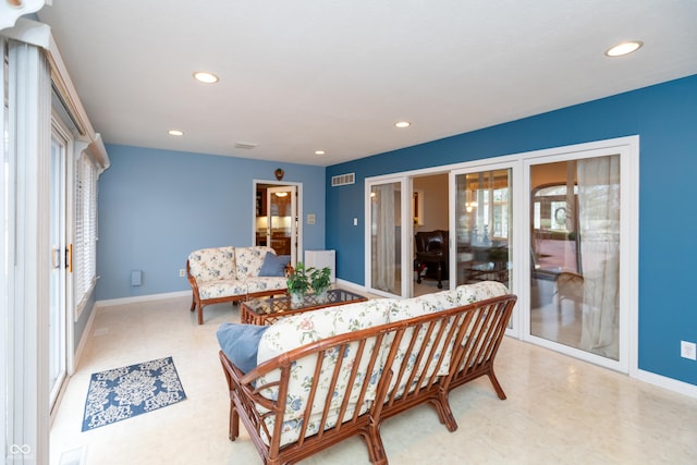 sitting room with recessed lighting, visible vents, baseboards, french doors, and tile patterned floors