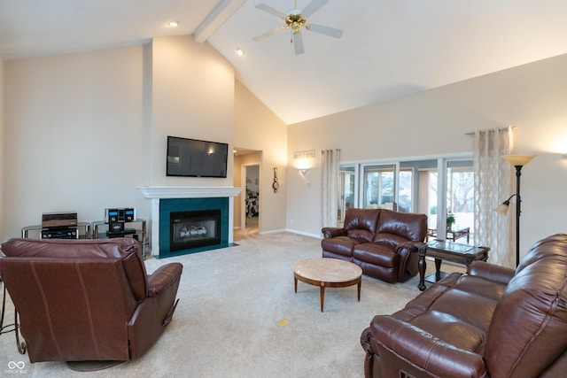 living area with high vaulted ceiling, a fireplace with flush hearth, baseboards, beamed ceiling, and carpet