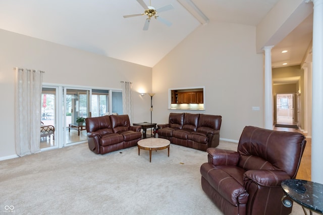 living area featuring high vaulted ceiling, carpet floors, beamed ceiling, and decorative columns