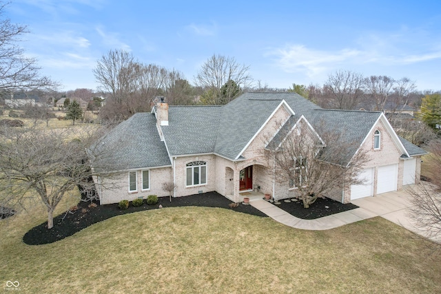 view of front of home featuring brick siding, a chimney, a garage, driveway, and a front lawn