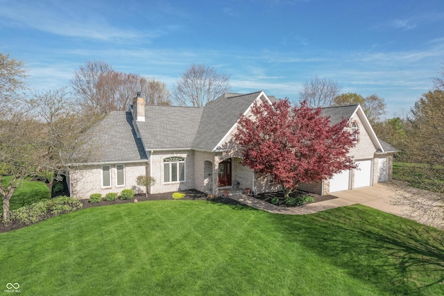 view of front of house with a chimney, concrete driveway, a garage, a shingled roof, and a front yard