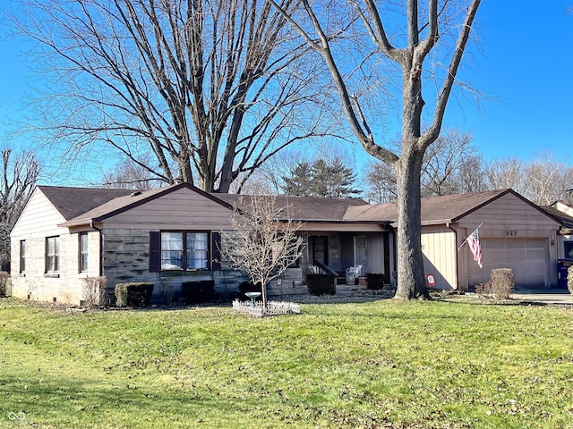 single story home with a garage and a front lawn