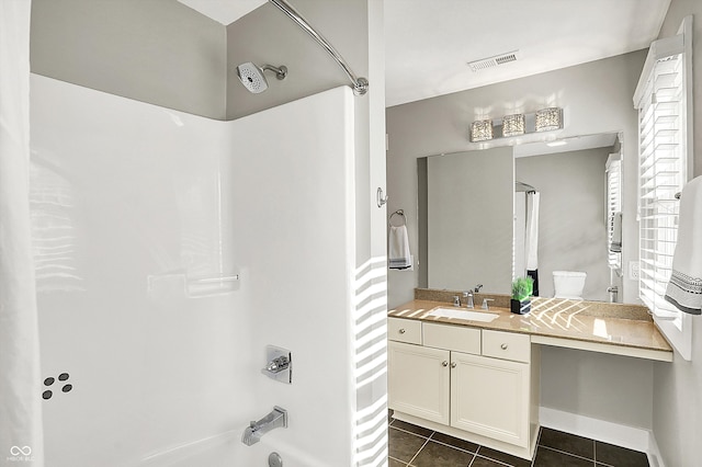 full bath featuring tile patterned flooring, visible vents, tub / shower combination, and vanity