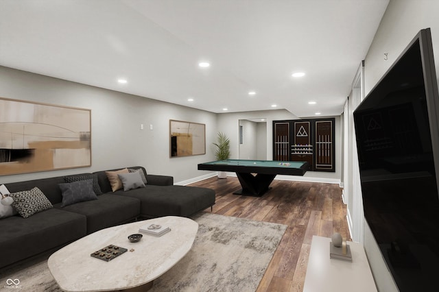 playroom featuring recessed lighting, baseboards, hardwood / wood-style floors, and pool table