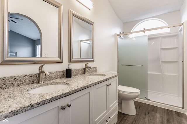 bathroom with double vanity, a sink, a shower stall, and wood finished floors